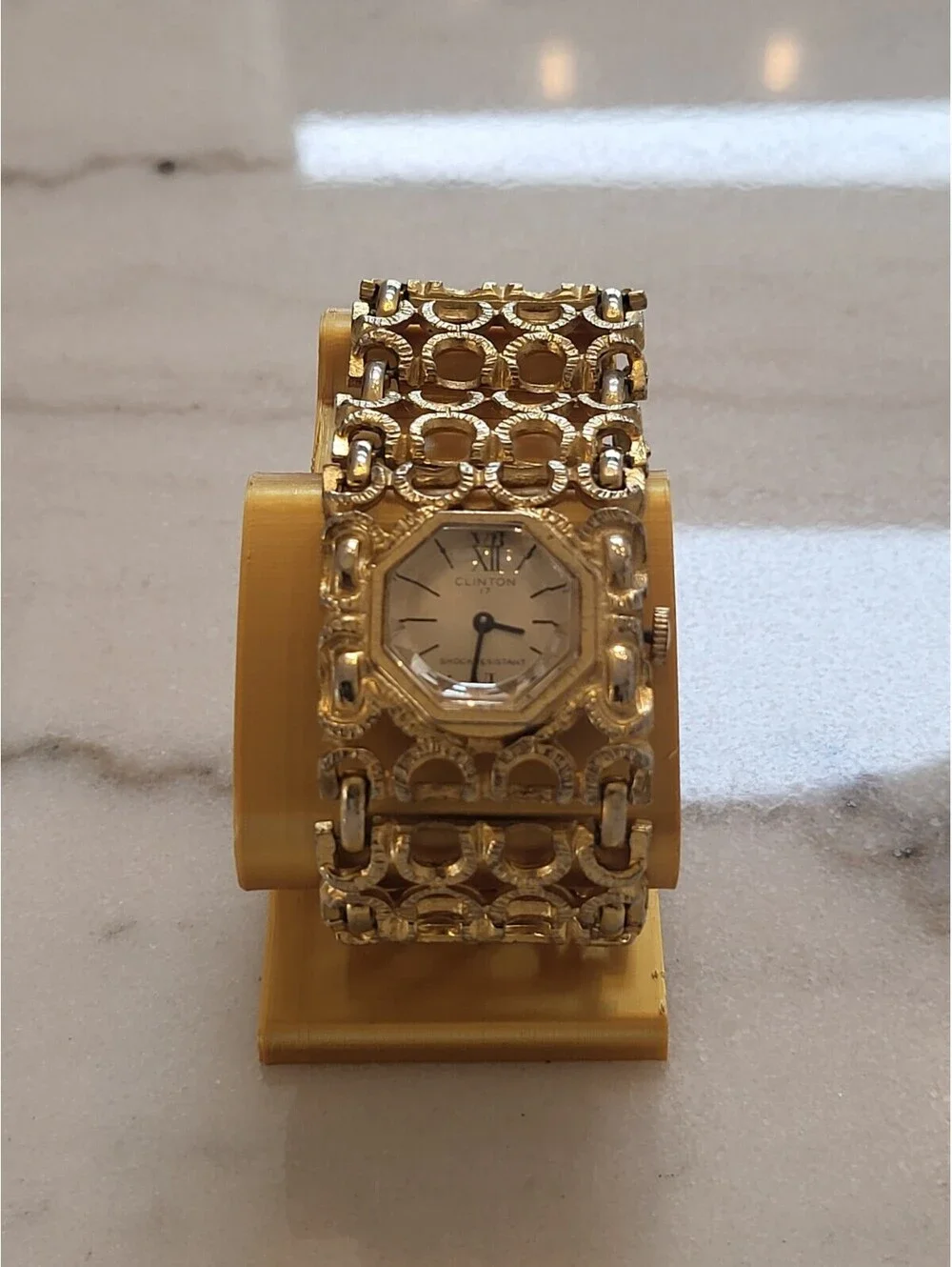 Vtg Clinton Womens Watch Goldtone Wide Bracelet Band Wind Up Works Great EUC 7